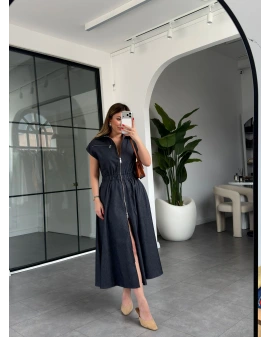 JEAN BELİ LASTİKLİ SIFIR KOL ÇİFT FERMUARLI ELBİSE