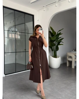 KAHVE BELİ LASTİKLİ SIFIR KOL ÇİFT FERMUARLI ELBİSE