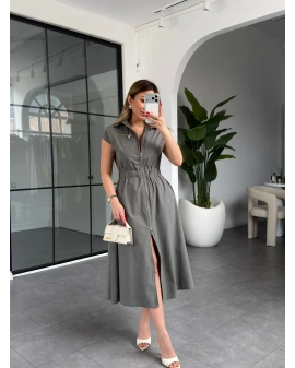 HAKİ BELİ LASTİKLİ SIFIR KOL ÇİFT FERMUARLI ELBİSE