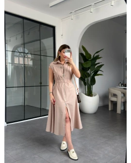 BEJ BELİ LASTİKLİ SIFIR KOL ÇİFT FERMUARLI ELBİSE