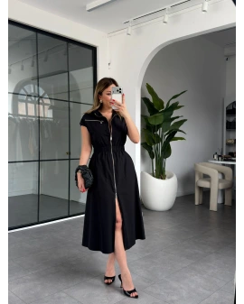 SİYAH BELİ LASTİKLİ SIFIR KOL ÇİFT FERMUARLI ELBİSE
