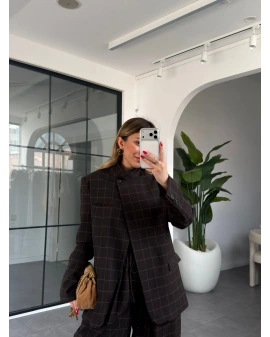 KAHVE DİK YAKALI EKOSE DESENLİ CEKET 9731