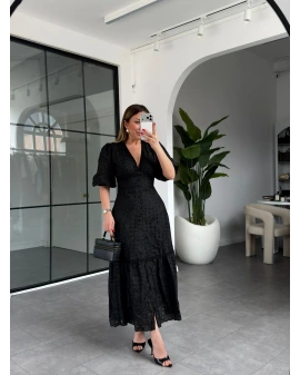 SİYAH V YAKA BALON KOL FİSTO ELBİSE