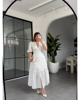 BEYAZ V YAKA BALON KOL FİSTO ELBİSE