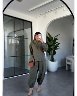 HAKİ DİK YAKA YUMUŞACIK DOKULU ŞALVAR TAKIM 51318