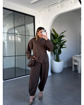 KAHVE DİK YAKA YUMUŞACIK DOKULU ŞALVAR TAKIM 51318