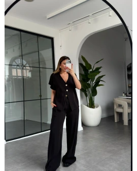 SİYAH V YAKA DÜĞMELİ MODAL TAKIM 9521