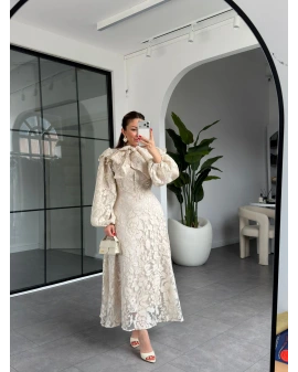 EKRU YAKASI FULAR DETAYLI ELBİSE 9804