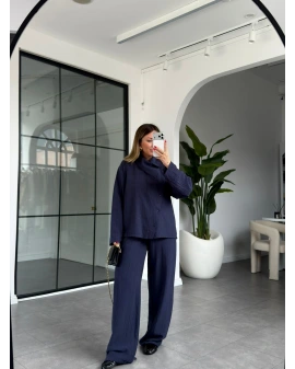 LACİVERT ASİMETRİK DÜĞMELİ GÖMLEK PANTOLON TAKIM 51335