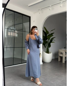 GRİ-MAVİ GÖMLEK ELBİSE İKİLİ TAKIM