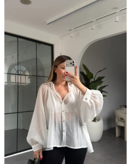 BEYAZ OVERSİZE TRANSPARAN GÖMLEK