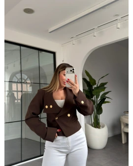 KAHVE VATKALI GOLD DÜĞMELİ CROP CEKET 01204