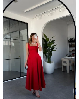 KRIMIZI KALIN ASKILI KARE YAKA ELBİSE