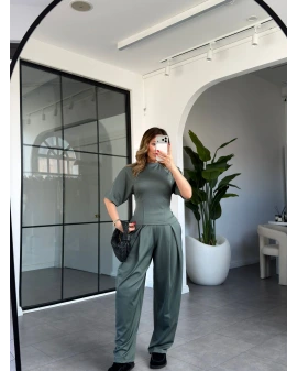 HAKİ DİAGONEL KUMAŞ BEL OTURTMALI PİLELİ TAKIM 230