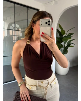 KAHVE SIFIR KOL BOYUNDAN GEÇMELİ BLUZ 12247