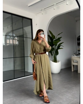 HAKİ KEMERLİ PREMİUM KALİTE MODAL GÖMLEK ELBİSE 3270