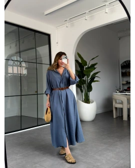 İNDİGO KEMERLİ PREMİUM KALİTE MODAL GÖMLEK ELBİSE 3270