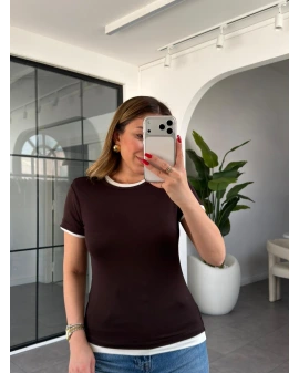 KAHVE KOL YAKA BİYELİ T-SHİRT 0887