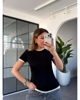 SİYAH KOL YAKA BİYELİ T-SHİRT 0887