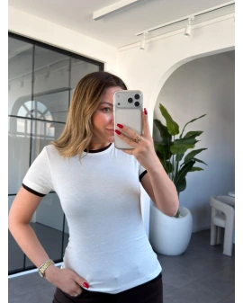 EKRU KOL YAKA BİYELİ T-SHİRT 0887