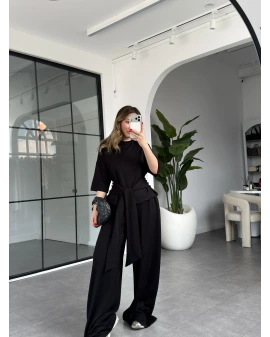 SİYAH KEMERLİ CROP TAKIM 4114