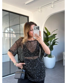 SİYAH PULLU BLUZ 7878