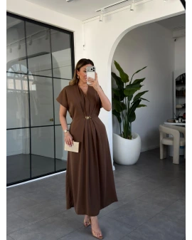 KAHVE GOLD AKSESUAR DETAYLI ELBİSE 37285