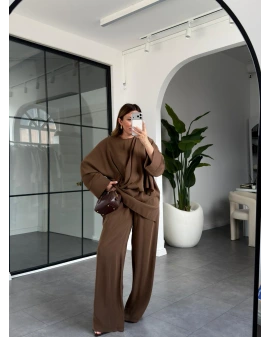 KAHVE KEMİK TOKALI BLUZ PANTOLON TAKIM 51346