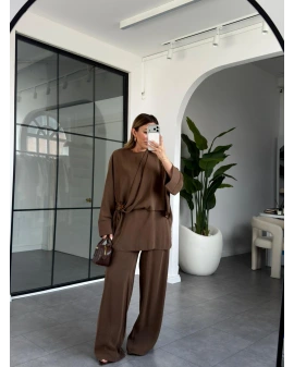KAHVE KEMİK TOKALI BLUZ PANTOLON TAKIM 51346