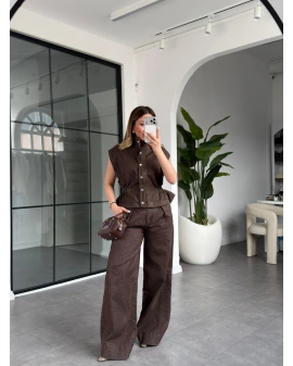 KAHVE DENİM YELEK PANTOLON TAKIM 0982