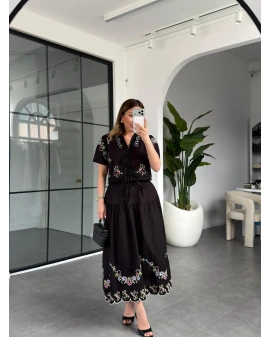 SİYAH NAKIŞLI CROP ETEK TAKIM 2609