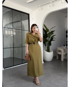 YEŞİL KEMERLİ TENCEL ELBİSE 37247