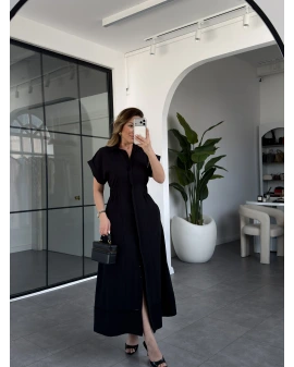 SİYAH KISA KOL BELİ LASTİKLİ MODAL ELBİSE