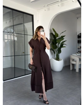 KAHVE KISA KOL BELİ LASTİKLİ MODAL ELBİSE