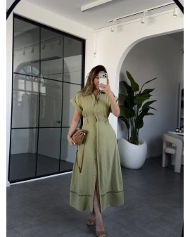 YEŞİL KISA KOL BELİ LASTİKLİ MODAL ELBİSE