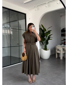 HAKİ KEMERLİ DÜŞÜK KOL ELBİSE 268262