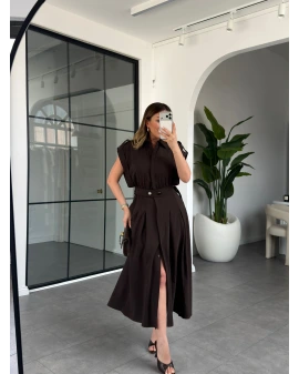 KAHVE KEMERLİ DÜŞÜK KOL ELBİSE 268262