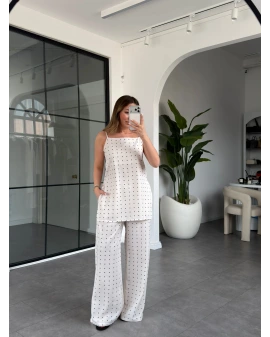 EKRU SİYAH PUANTİYELİ SATEN TAKIM 8568