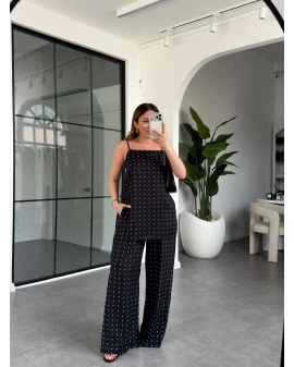 SİYAH EKRU PUANTİYELİ SATEN TAKIM 8568