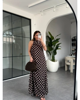 KAHVE EKRU PUANTİYELİ ŞİFON ELBİSE 261060