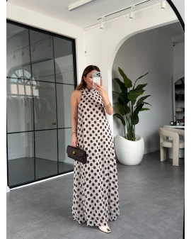 EKRU KAHVE PUANTİYELİ ŞİFON ELBİSE 261060