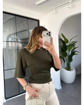 HAKİ BELDEN FERMUAR DETAYLI T-SHIRT 1003