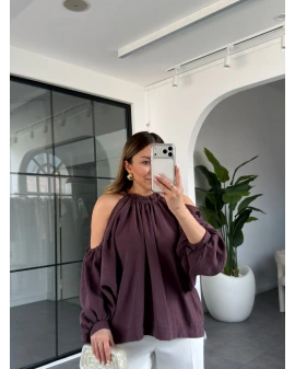 MÜRDÜM OMUZ DETAYLI TENCEL BLUZ 3264