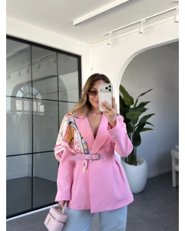 PEMBE ŞAL DETAYLI KEMERLİ CEKET 6337