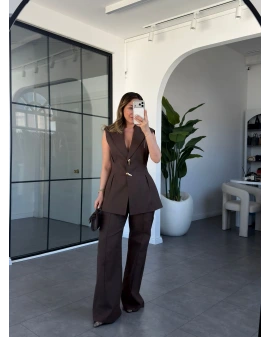 KAHVERENGİ PİLELİ KETEN YELEK PANTOLON TAKIM 9298