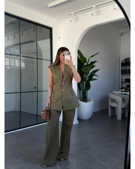 HAKİ PİLELİ KETEN YELEK PANTOLON TAKIM 9298