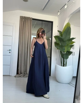 LACİVERT ASKILI CEP DETAY ELBİSE