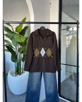 ACI KAHVE BAKLAVA DESEN POLO YAKA KAZAK