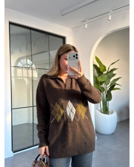 ACI KAHVE BAKLAVA DESEN POLO YAKA KAZAK