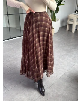 ACI KAHVE EKOSE DESEN ŞİFON ETEK